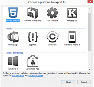 Screen shot of the export options available in Construct 2
